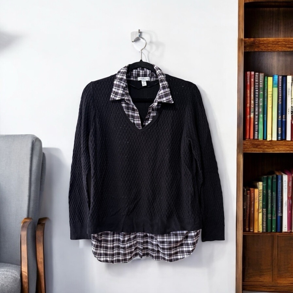 Croft & Barrow Petite Black Knit with Black & White Plaid Fooler Top